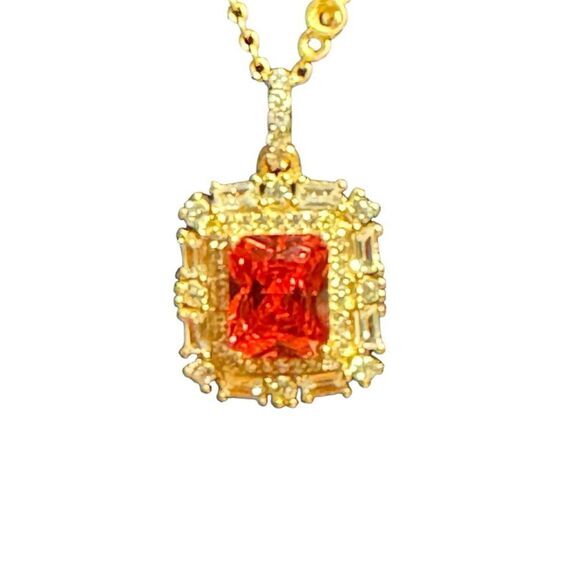Elegant Sterling Silver Gold plated 16 inch Necklace orange red Pendant - Picture 2 of 6
